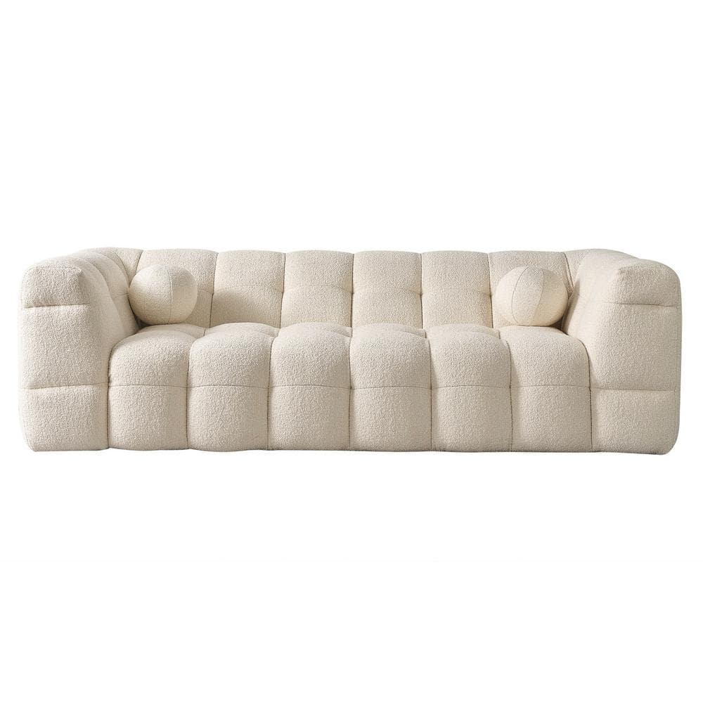 Ivory Boucle Puffy 3-Seater Mid Century Modern Sofa