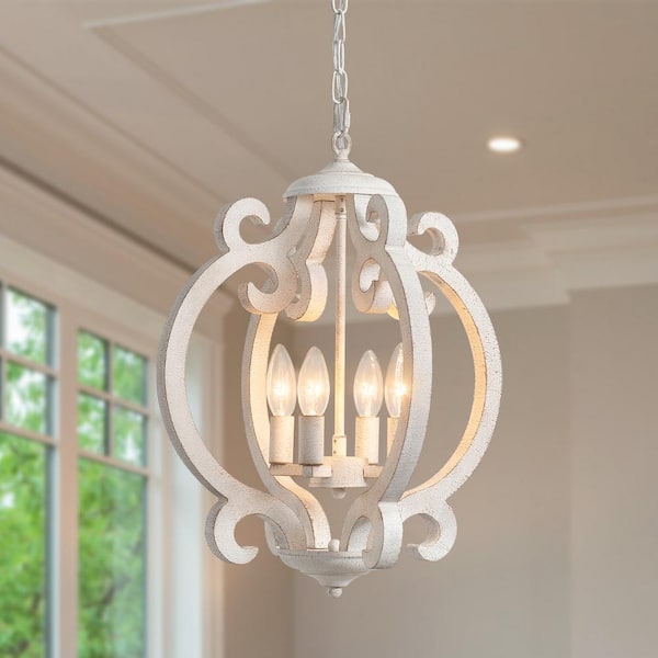 LWYTJO Fasiha 4-Light White Farmhouse Chandeliers Global Lantern Adjustable Rustic Kitchen Island Cottage Candle Pendant