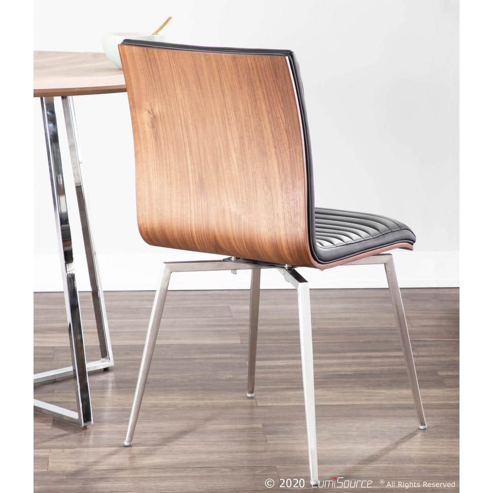 Mason Black Faux Leather Swivel Dining Chairs with Walnut Wood Back