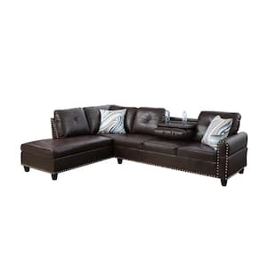 103.50 in. W Round Arm 2-piece Faux Leather L Shaped Modern Left Facing Sectional Sofa Set in Brown w/Drop Down Table
