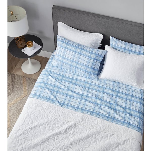 Laura Ashley Mulholland 4-Piece Light Pastel Blue Plaid Flannel