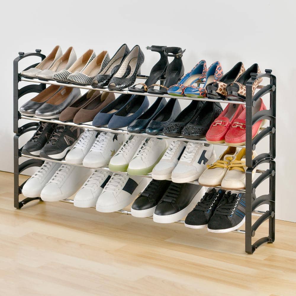 Black and Silver 4-Tier Expandable Stackable Shoe Rack