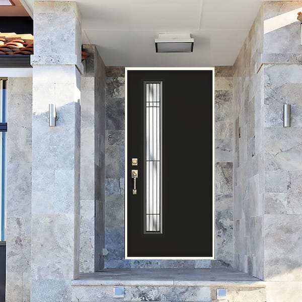 36 in. x 80 in. Right-Hand Narrow Lite Radiant Decorative Glass Black Painted Inswing Fiberglass Prehung Front Door