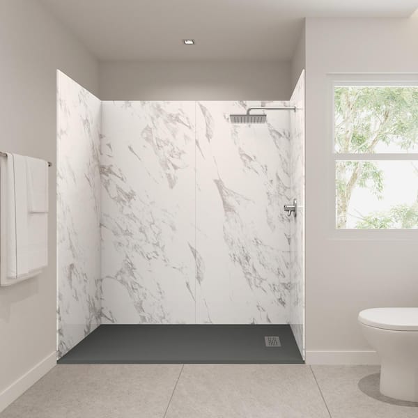 CASTICO 72 in. L x 36 in. W x 84 in. H Solid Composite Stone Alcove Shower Kit w/ Carrara Walls & L/R Graphite Sand Shower Pan