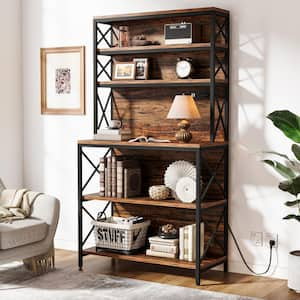 Eulas 70 in. Tall Rustic Brown Wood 6-Shelf Industrial Etagere Bookcase Bookshelf with Open Storage and AC Outlet