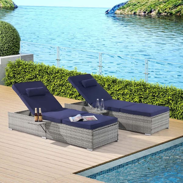 SereneVita Gray 2-Piece Wicker Outdoor Chaise Lounge Patio Double Chaise Lounge with Dark Blue Cushions for Patio, Beach, Pool