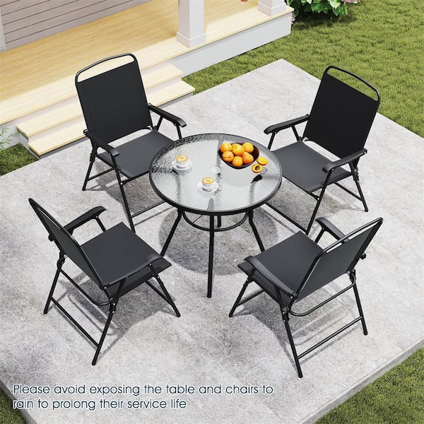 6-Piece Black Metal Round Outdoor Dining Set with Umbrella Table and Chairs Set for Garden