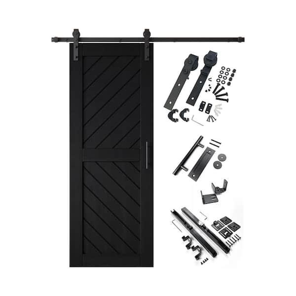 XT3 26 in. x 80 in. C-Panel Black Slanted Stripe Design Solid Pine Wood Sliding Barn Door with Hardware Kit