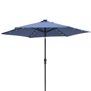 9 ft. Round 6-Rib Steel Solar Lighted Market Umbrella- Navy Blue