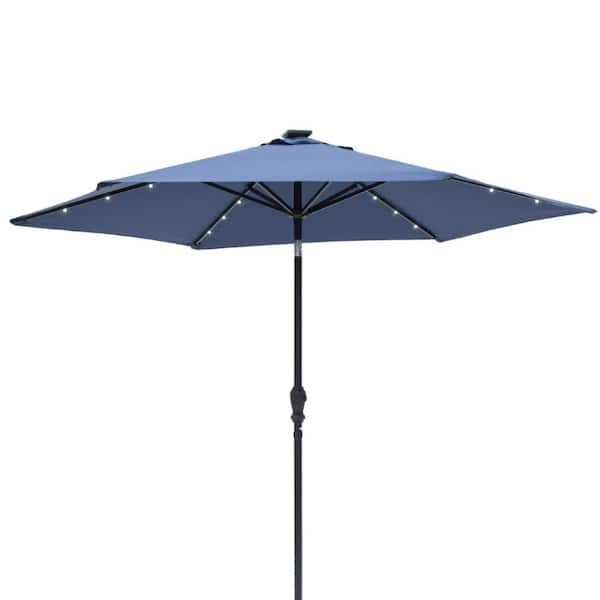 Sun Ray 9 Ft Round 6 Rib Steel Solar, Navy Patio Umbrella With Lights