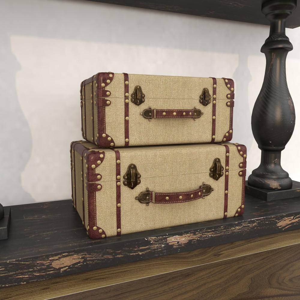 Beige Burlap and Leather Vintage Trunk Set, 2 Pieces