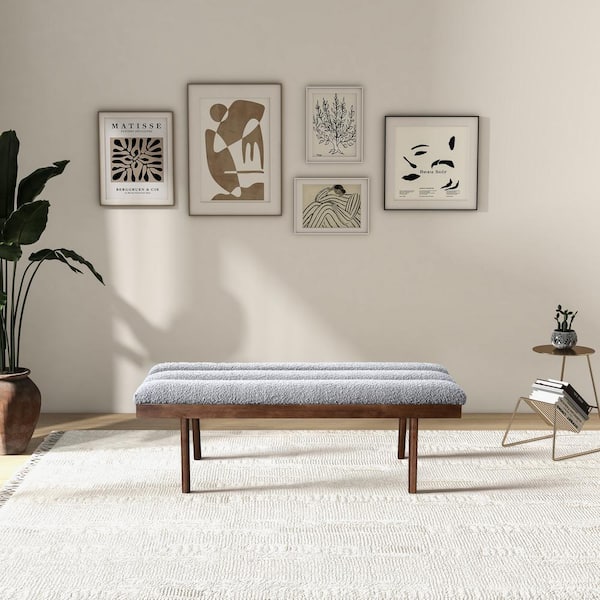 Ashcroft Furniture Co Cushique Mid-Century Modern Hand Tufted Bedroom Bench in Light Gray Boucle