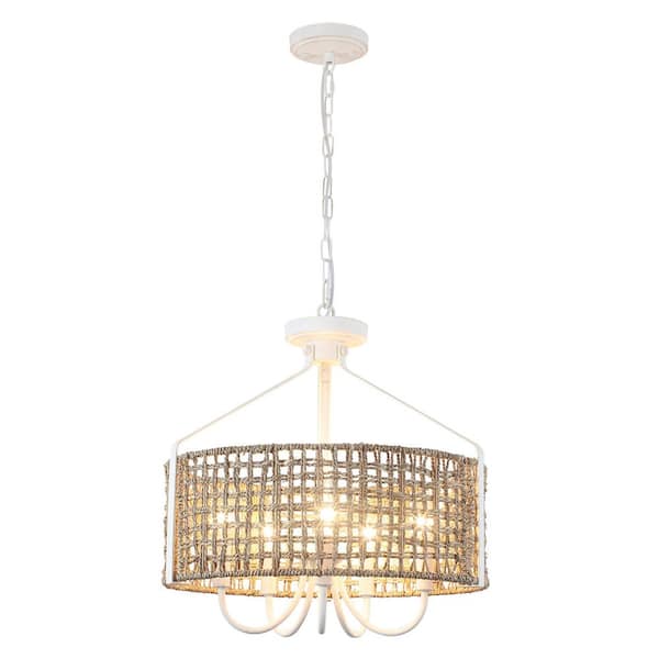 ADSENSTY 5 Light Distressed White Dimmable Drum Rattan Chandelier for Kitchen Island with No Bulbs Included