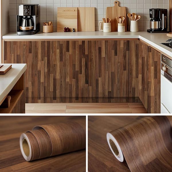 Vintage Brown Walnut Wood Block Vinyl Peel and Stick Wallpaper Roll Self-Adhesive Contact Paper (Covers 36 sq. ft.)