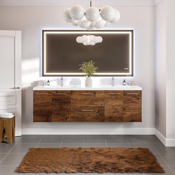 Eviva Axis 72 in. Double Sink Floating Rosewood Bath Vanity with White Acrylic Top (Assembled)