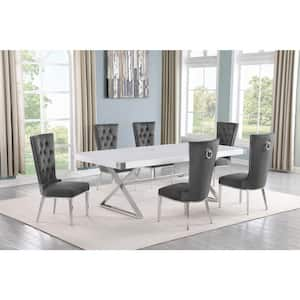 Miguel 7-Piece Rectangle White Wood Top Silver Stainless Steel Dining Set with 6 Dark Gray Velvet Chairs