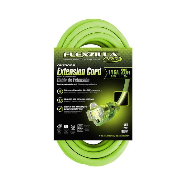 25 ft. Lighted Plug Details about  / Flexzilla Pro Extension Cord ZillaGreen 14//3 AWG SJTW