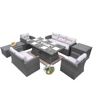ELLE Gray 7-Piece Wicker Patio Fire Pit Conversation Set with Gray Cushions