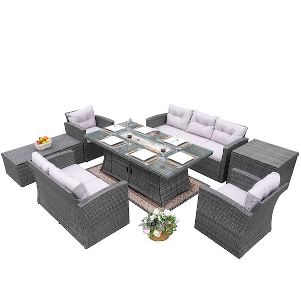 DIRECT WICKER ELLE Gray 7-Piece Wicker Patio Fire Pit Conversation Set with Gray Cushions