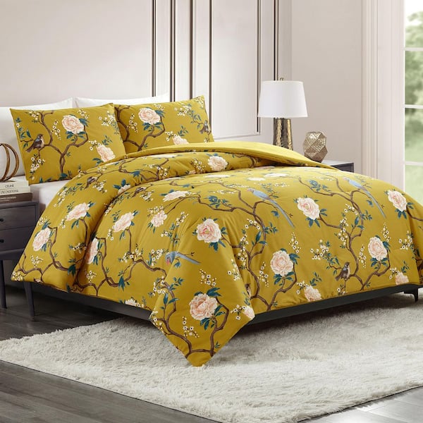 Bird Chinoiserie 3-Piece Gold Floral Cotton Sateen Full/Queen
