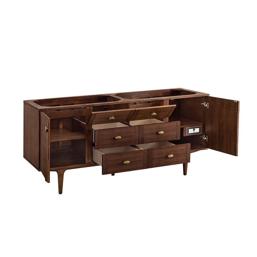 Amberly 72-Inch Walnut Double Vanity Base Cabinet with Brass Knobs