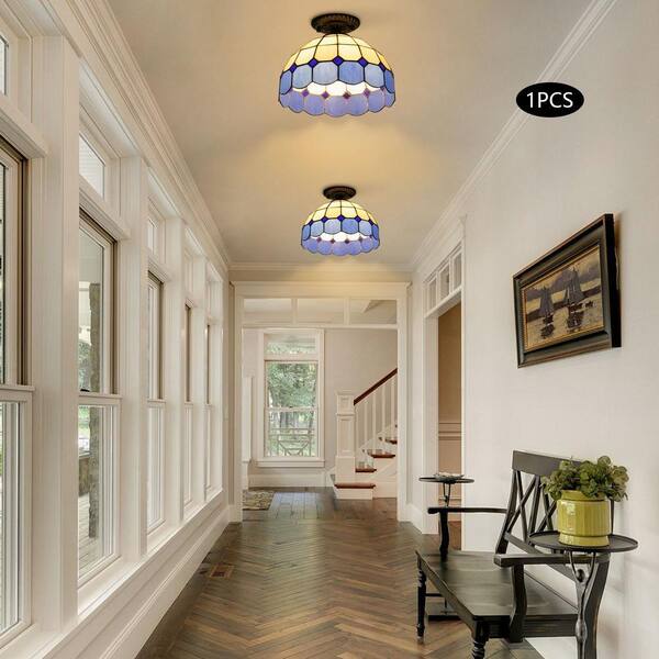 OUKANING 11.81 in. 1-Light White and Blue Retro Semi-Flush Mount