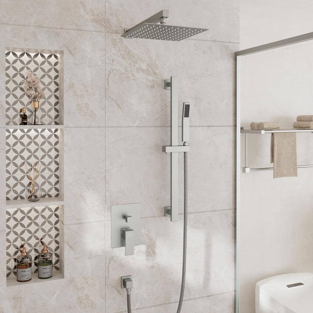Brushed Nickel Wall-Mounted Square Rain Shower System with Handheld Spray