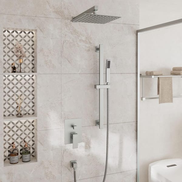 1-Spray Patterns with 10 in. Wall Mount Dual Shower Heads with Sliding Rod in Spot Resist Brushed Nickel