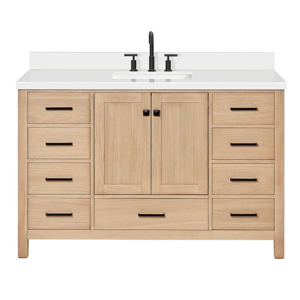 ARIEL Cambridge 54 in. Single Sink Freestanding Bathroom Vanity in Oak with Pure White Quartz Top