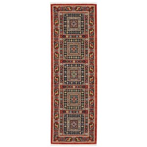 Lillian Red/Multi-Colored 2 ft. x 6 ft. Oriental Geometric Wool/Nylon Blend Fringed-Edge Indoor Runner Area Rug