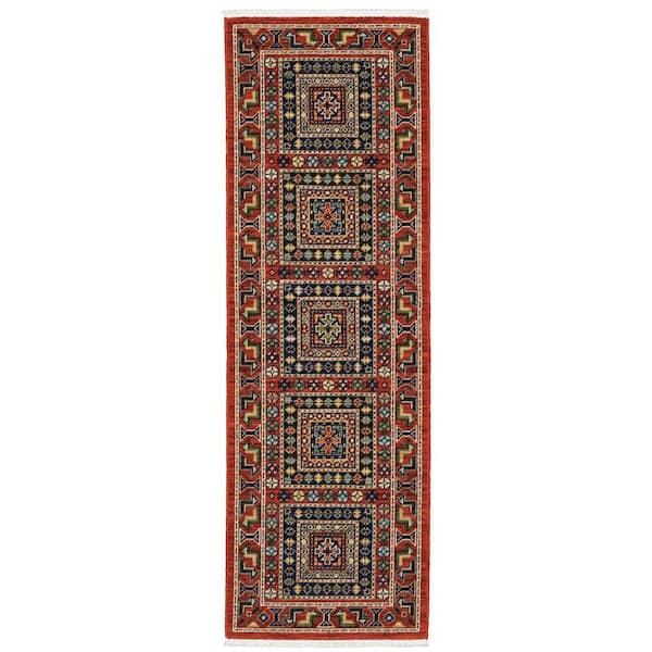 Lillian Red/Multi-Colored 2 ft. x 6 ft. Oriental Geometric Wool/Nylon Blend Fringed-Edge Indoor Runner Area Rug