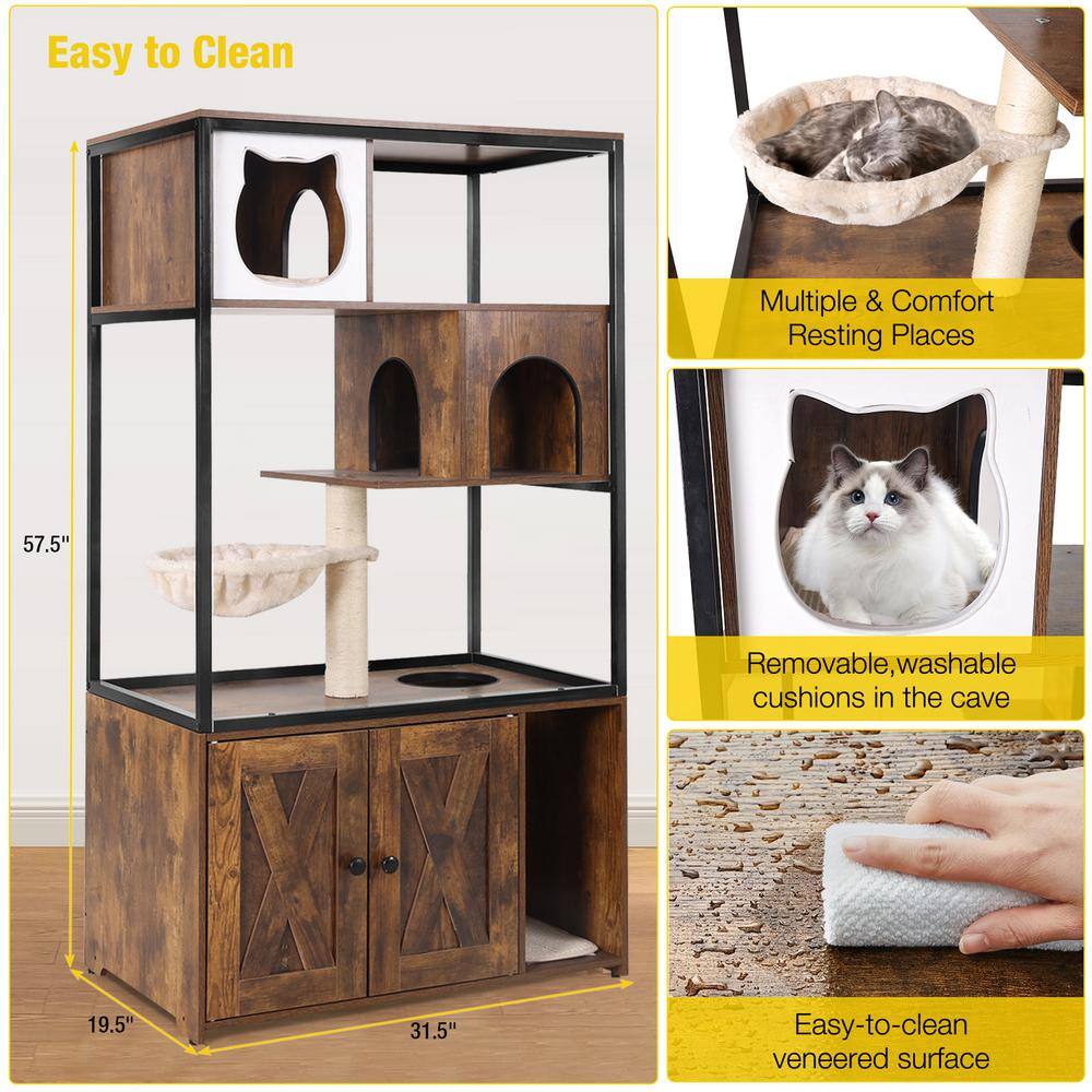 Brown Wooden 3-Story Cat Condo with Sisal Scratching Post