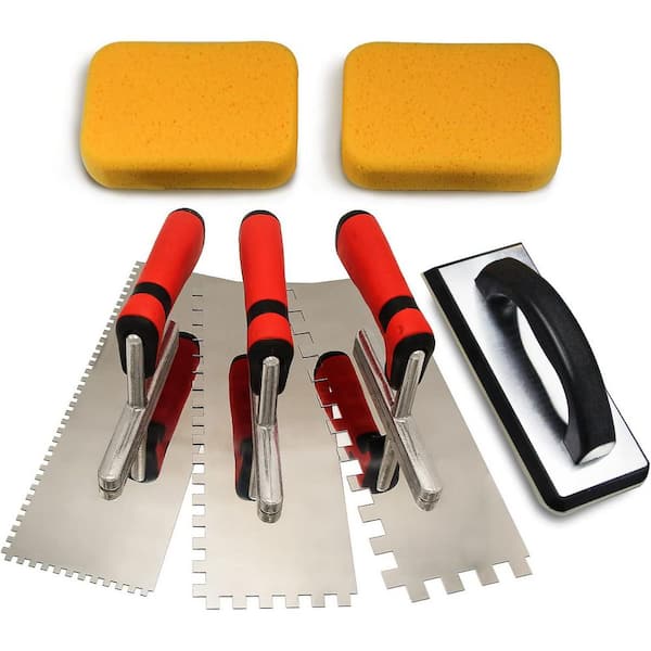 11 in. x 4 in. Stainless Steel Square Notch Trowel Set with Rubber Grout Float, Grout Sponge and Red Handle (3-Pack)
