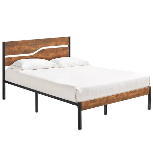 Queen Metal Platform Bed Frame with Wooden Headboard Platform Bed with Metal Frame Under Bed Storage, 62.1 in.W Brown