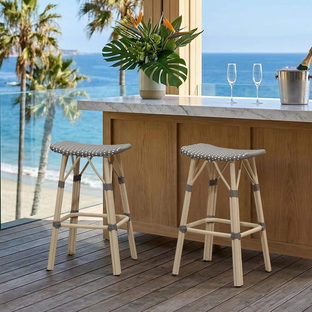Counter Height Outdoor Counter Stool Aluminum Patio Modern Wicker Counter Stools with Saddle Seat, Light Gray(2-Pack) price history on PriceWatchPro