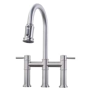 Double Handle Bridge Kitchen Faucet in Brushed Nickel