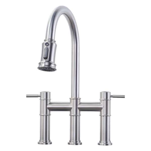 WOWOW Double Handle Bridge Kitchen Faucet In Brushed Nickel 2314700   Brushed Nickel Bridge Kitchen Faucets 2314700 64 600 