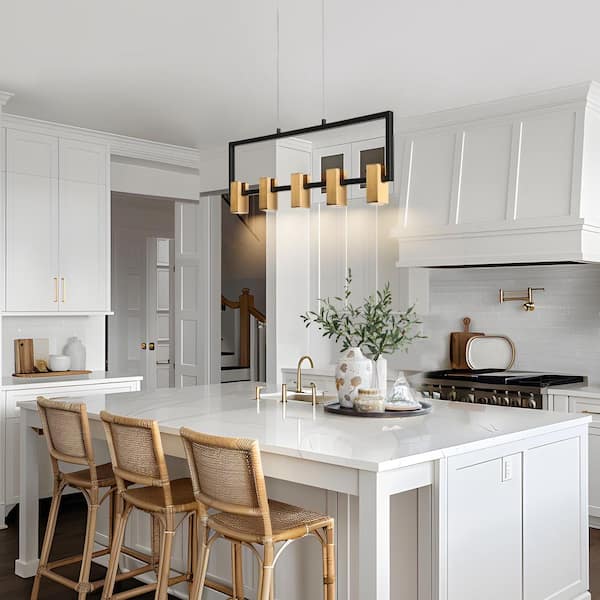 24W Integrated LED 5-Light Brass Linear Chandelier Modern Black Kitchen Island Pendant Light Farmhouse Light Fixture