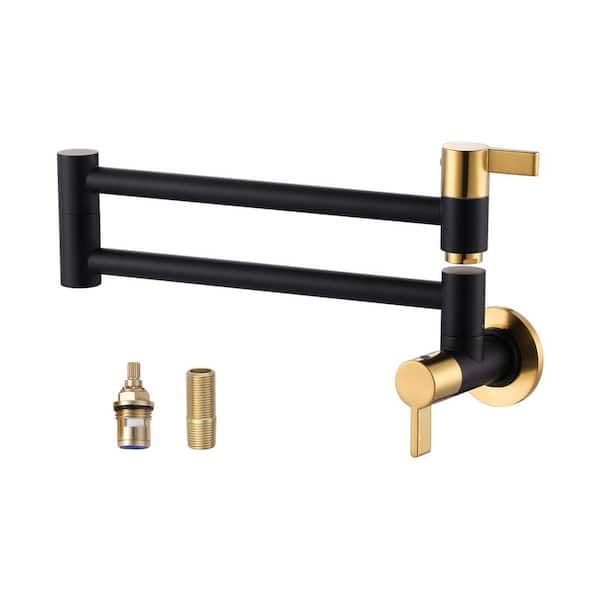 Wall Mounted Pot Filler 2-Handles Kitchen Faucet with 360° Spout Swivel in Black and Gold