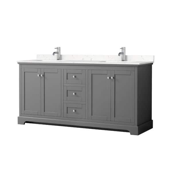 Wyndham Collection Avery 72in.Wx22 in.D Double Vanity in Dark Gray with Cultured Marble Vanity Top in Light-Vein Carrara with White Basins