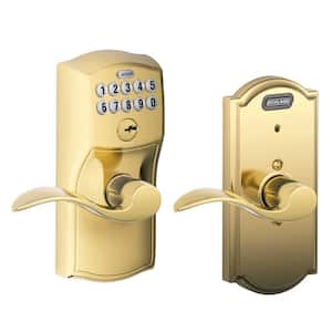 Camelot Series Bright Brass Keypad Entry Door handle with Accent Interior Built-In Alarm