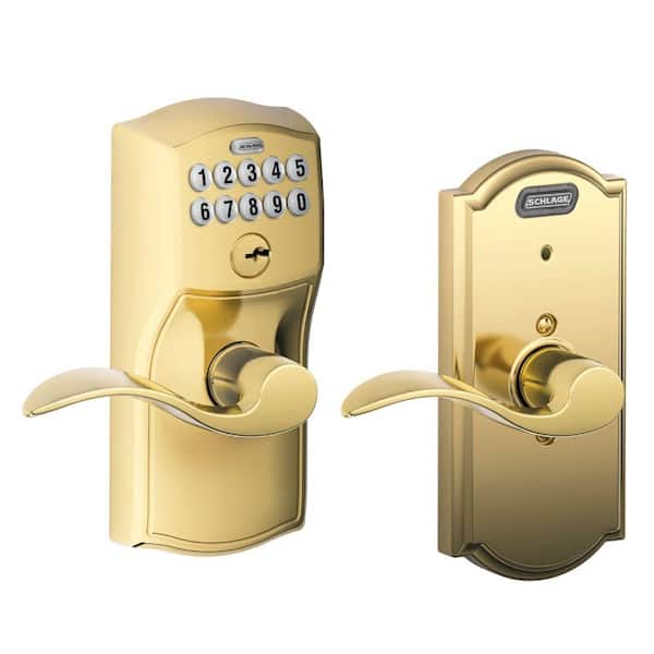 Schlage Camelot Series Bright Brass Keypad Entry Door handle with Accent Interior Built-In Alarm