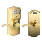 Camelot Series Bright Brass Keypad Entry Door Lever with Accent Interior Built-In Alarm
