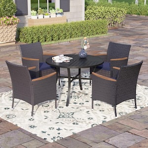 Black 5-Piece Metal Patio Outdoor Dining Sets with Round Table and Wooden Armrest Rattan Chairs with Blue Cushion