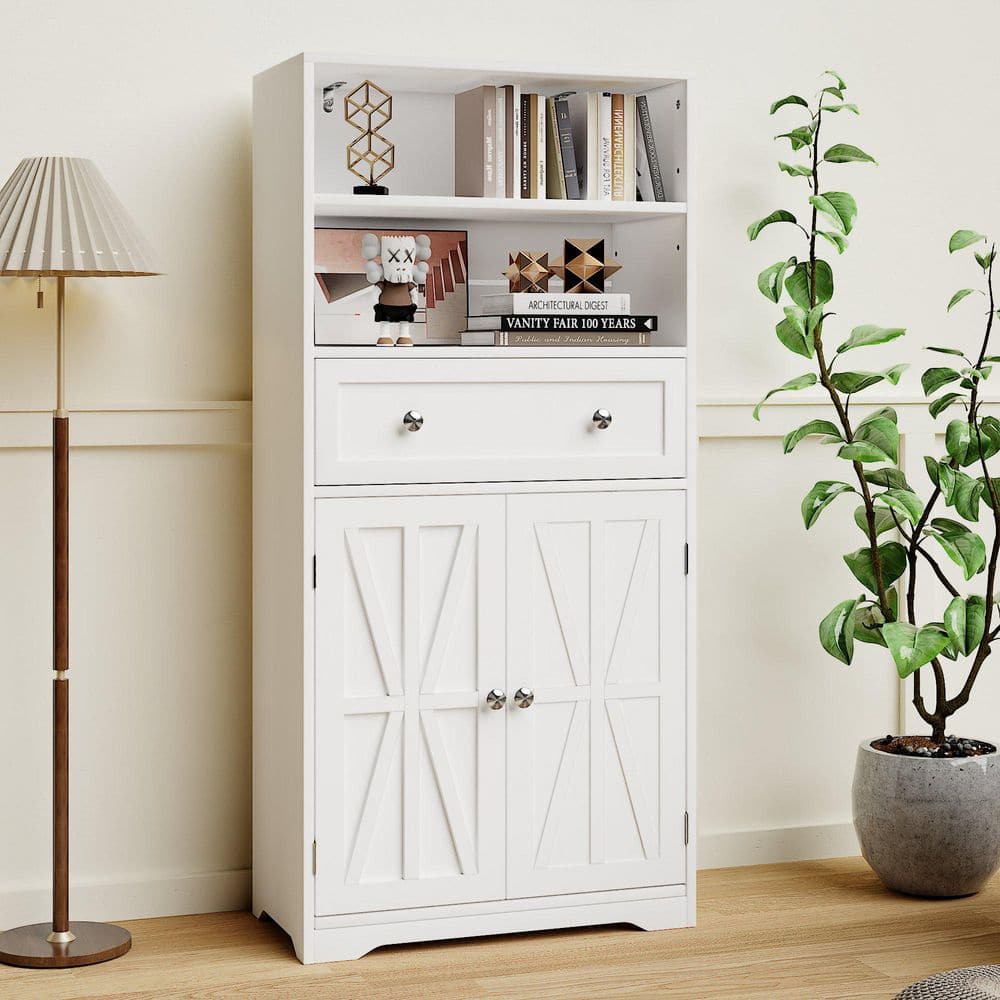 VECELO Farmhouse Storage Cabinet with Hutch, White Cabinet with