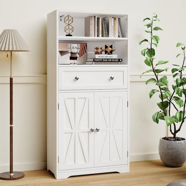 Farmhouse Storage Cabinet with Hutch, White Cabinet with Doors, Drawer and Adjustable Shelves 50 in. Accent Storage