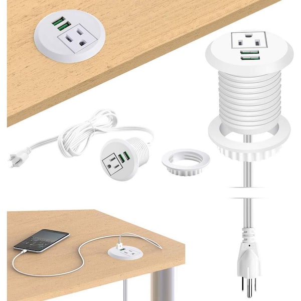 Kungfuking Recessed Power Strip - Desktop Grommet With 2 Outlets & 2 USB Ports, 6.5ft Cord White