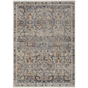 Tan Blue and Orange 2 ft. x 3 ft. Floral Area Rug