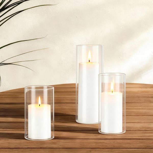 Pillar Candles and Glass Vases, Clear Cylinder Hurricane Candle Holders White 2.56 x 4.7 in. 5.9 in. 7.9 in. Set 36-Pcs