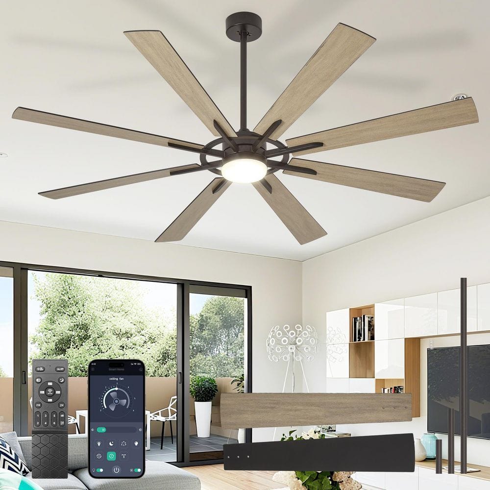 66 in. Wood Brushed Black 8 Blade Downrod Mount Large Ceiling Fans with Light Included Remote APP Control Dimmable LED price history on PriceWatchPro